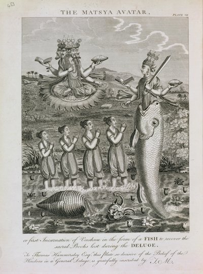 De Matsya Avatar, of de Eerste Incarnatie van Vishnu in de Vorm van een Vis om de Heilige Boeken te Herstellen die tijdens de Zondvloed Verloren zijn gegaan, gegraveerd door Barlow door English School