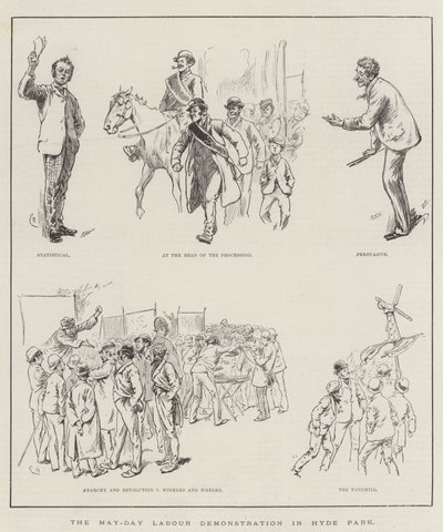 De 1 mei demonstratie van arbeiders in Hyde Park (gravure) door English School