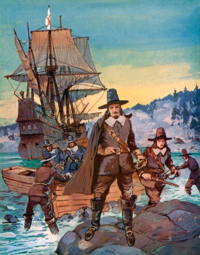 De Mayflower en de Pilgrim Fathers (kleur litho) door English School