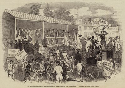 De Middlesex Verkiezing, de Hustings in Brentford bij de Nominatie op Woensdag (gravure) door English School
