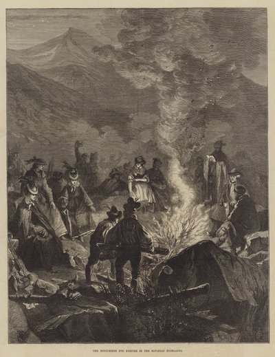 De midzomeravond vreugdevuur in de Beierse Hooglanden (gravure) door English School