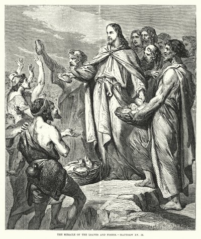 Het wonder van de broden en vissen, Matteüs XV, 36 door English School
