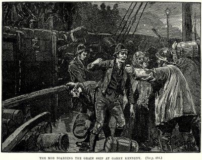 De menigte aan boord van het graanschip bij Garry Kennedy (gravure) door English School