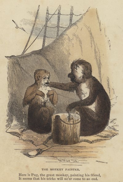 De Apen Schilder (gekleurde gravure) door English School