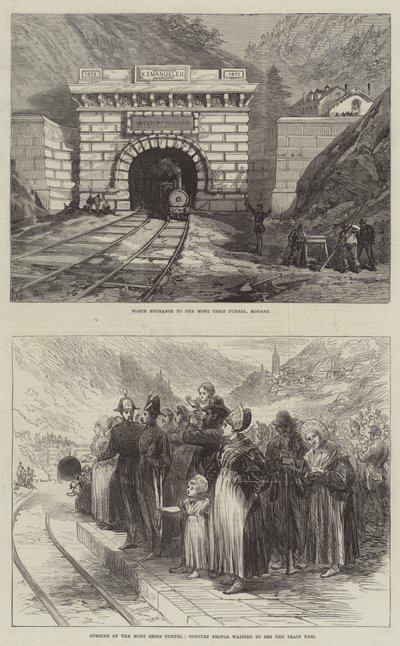 De Mont Cenis-tunnel (gravure) door English School