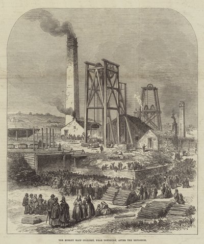 De Morley Main-kolenmijn, nabij Dewsbury, na de explosie door English School