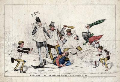 Het Motto van de Liberale Pers, toont Napoleon III aangevallen door de Britse pers door English School