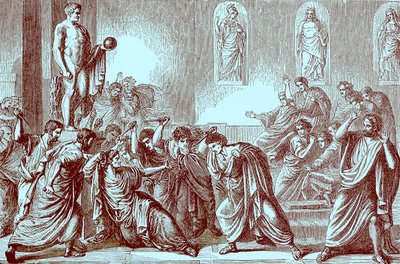 De Moord op Julius Caesar, illustratie uit The Illustrated History of the World, gepubliceerd ca. 1880 door English School
