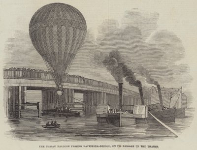 De Nassau Ballon passeert Battersea-Brug, op zijn Reis over de Theems (gravure) door English School