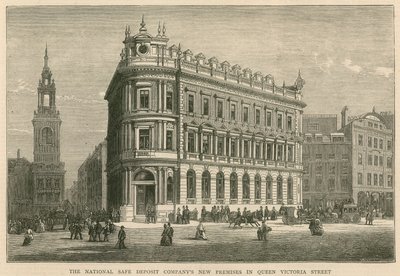 De nieuwe panden van de National Safe Deposit Company in Queen Victoria Street, Londen door English School