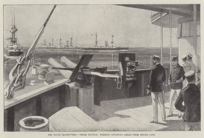 De marine-oefeningen, stoomtactieken, vormen divisies vooruit vanuit een enkele lijn (gravure) door English School