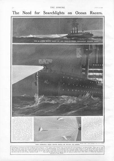 De noodzaak van zoeklichten op oceaanstomers, uit The Sphere, 27 april 1912 door English School