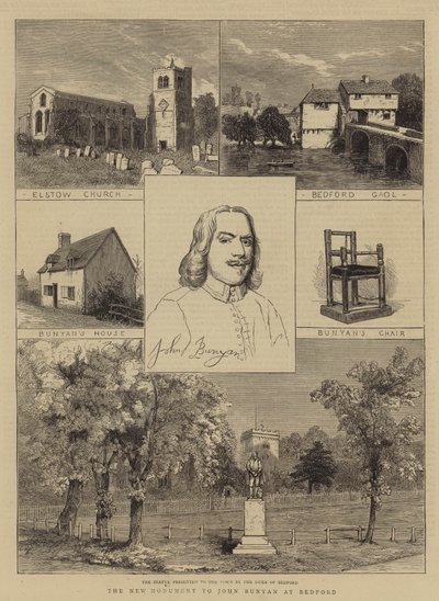 Het Nieuwe Monument voor John Bunyan in Bedford (gravure) door English School