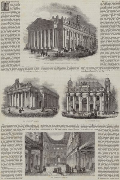De Nieuwe Royal Exchange, Londen, met alternatieve ontwerpen (gravure) door English School