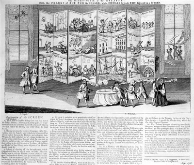 Het Nachtbezoek of de Terugval: met de Streken van Bob Fox de Goochelaar terwijl Rentmeester van Lady Britannia, getoond op een scherm, 1742 door English School