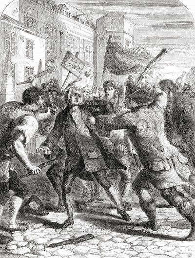 De "No-Popery" relschoppers vallen parlementsleden aan in Palace Yard, Westminster, Londen, Engeland tijdens de Gordon Riots van 1780 door English School