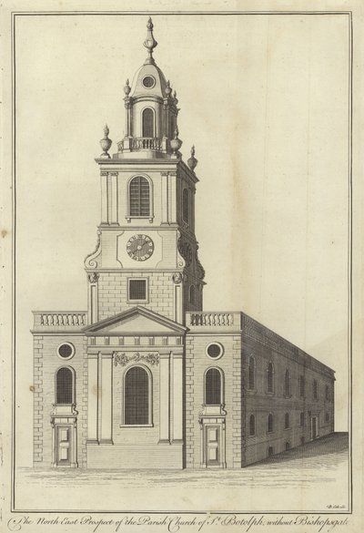 Het noordoostelijke aanzicht van de parochiekerk van St Botolph zonder Bishopsgate, Londen door English School