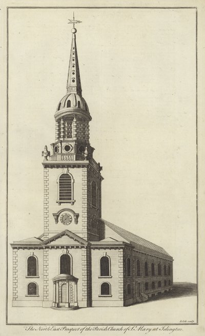 Het noordoostelijke aanzicht van de parochiekerk van St Mary in Islington door English School