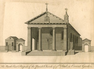 Het noordoostelijke uitzicht van de parochiekerk van St. Paul in Covent Garden, Londen door English School