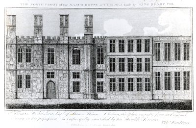 De Noordelijke Voorzijde van het Landhuis in Chelsea gebouwd door Koning Hendrik VIII, gegraveerd door J. Barlow, een illustratie in Een Historisch en Topografisch Verslag van Chelsea en zijn Omgeving door English School