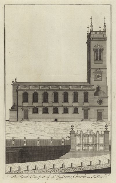 Het noordelijke aanzicht van St Andrews Church in Holborn door English School