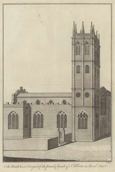 Het noordwestelijke aanzicht van de parochiekerk van St Alban in Wood Street, Londen door English School