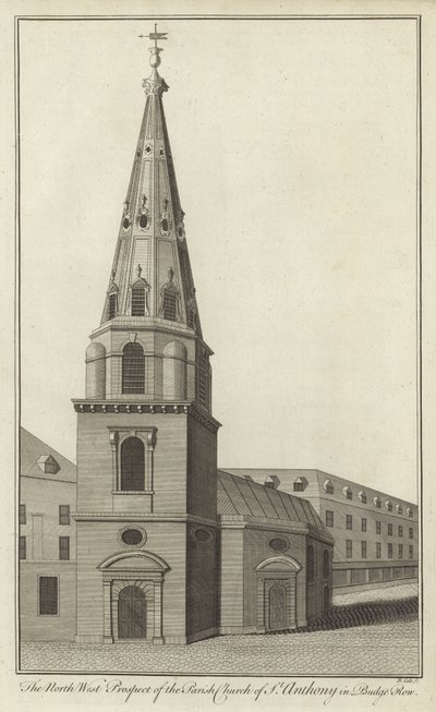 Het noordwestelijke aanzicht van de parochiekerk van St Anthony in Budge Row, Londen door English School