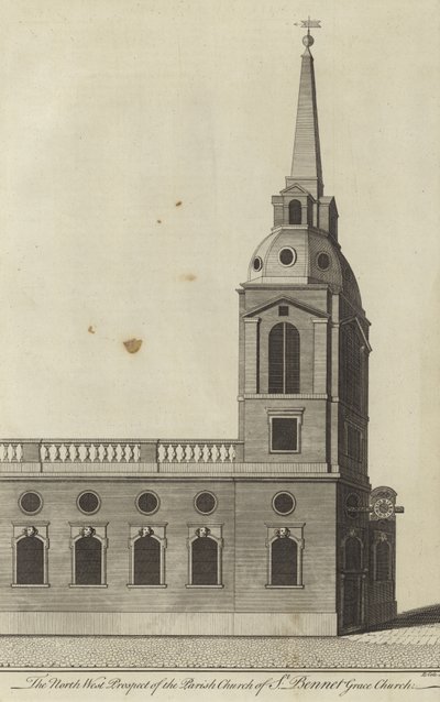 Het noordwestelijke uitzicht op de parochiekerk van St. Benet Gracechurch, Londen door English School