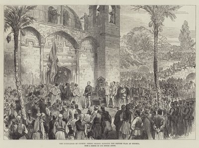 De bezetting van Cyprus, Griekse priesters zegenen de Britse vlag in Nicosia (gravure) door English School