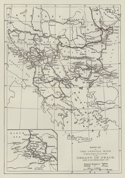 De officiële kaarten van het vredesverdrag, ondertekend in San Stefano, 3 maart 1878 door English School