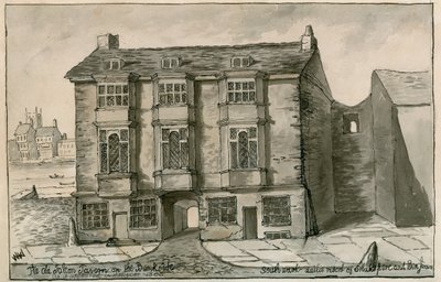 De Old Falcon Tavern aan de Bankzijde, zoals het verscheen in het jaar 1805 door English School