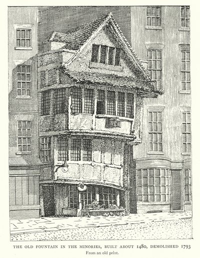 De oude fontein in de Minories, gebouwd rond 1480, gesloopt 1793 (gravure) door English School
