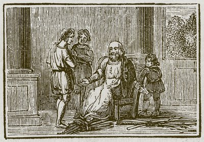 De oude man en zijn zonen (gravure) door English School