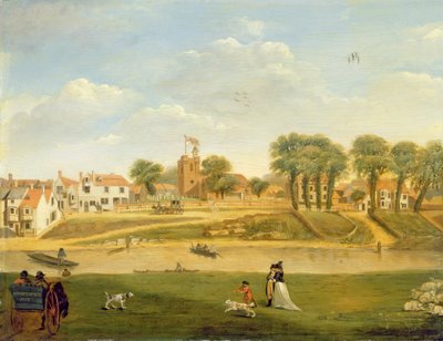 De oude parochiekerk en het dorp, Hampton-on-Thames, Middlesex door English School