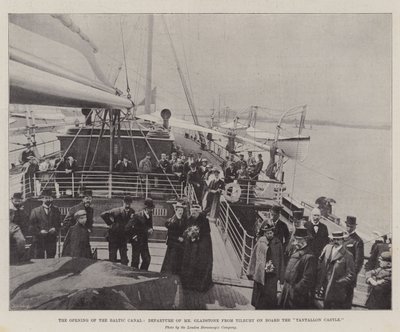 De opening van het Baltische Kanaal, vertrek van Mr Gladstone vanuit Tilbury aan boord van de "Tantallon Castle" (gravure) door English School