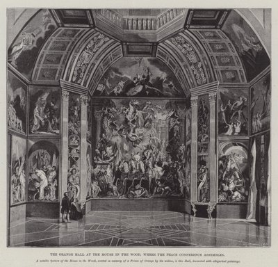 De Oranjezaal in het Huis in het Bos, waar de Vredesconferentie bijeenkomt (gravure) door English School
