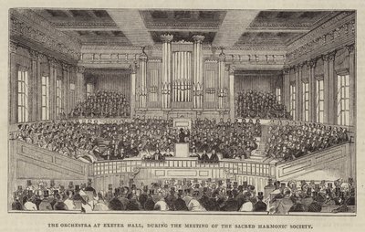 Het orkest in Exeter Hall, tijdens de bijeenkomst van de Sacred Harmonic Society door English School