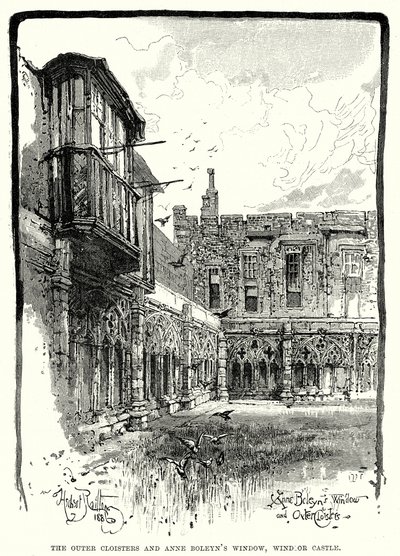 De buitenste kloostergangen en het raam van Anne Boleyn, Windsor Castle (gravure) door English School