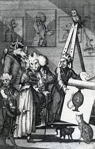 De schilder die zijn schilderij voorlegt aan de beoordeling van kenners en antiquairs, 1774 door English School