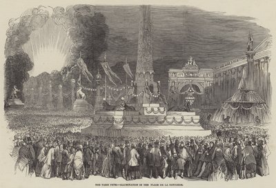 Het Parijse feest, verlichting op de Place de la Concorde (gravure) door English School
