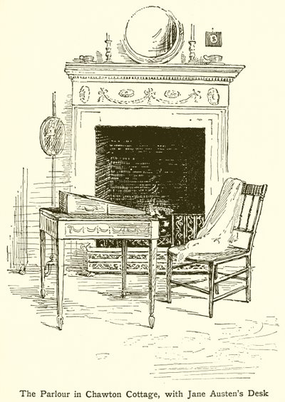 De salon in Chawton Cottage, met Jane Austens bureau door English School
