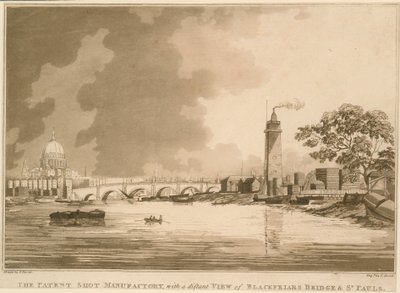 De Patent Shot Fabriek, met een verre blik op Blackfriars Bridge en St. Pauls, Londen door English School