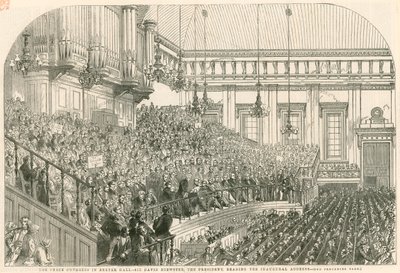 Het Vredescongres in Exeter Hall, Sir David Brewster, de voorzitter, leest de inaugurele rede door English School