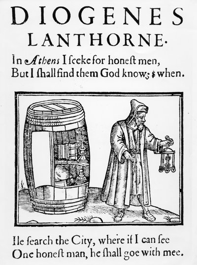 De filosoof Diogenes zoekt naar een eerlijk man in de stad Londen met zijn lantaarn, 1607 door English School