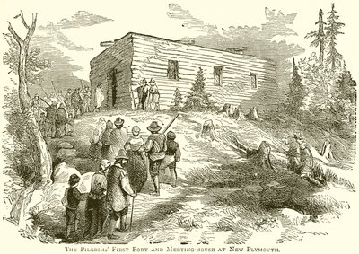 Het Eerste Fort en Vergaderhuis van de Pelgrims in New Plymouth door English School