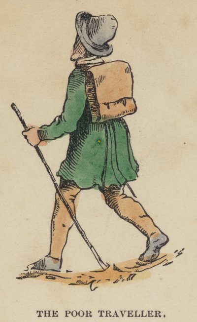 De Arme Reiziger (gekleurde gravure) door English School