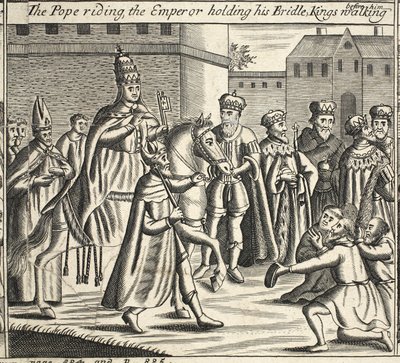 De paus te paard, de keizer houdt zijn teugel vast, koningen lopen voor hem, illustratie uit Handelingen en Monumenten van John Foxe, negende editie, uitgegeven 1684 door English School