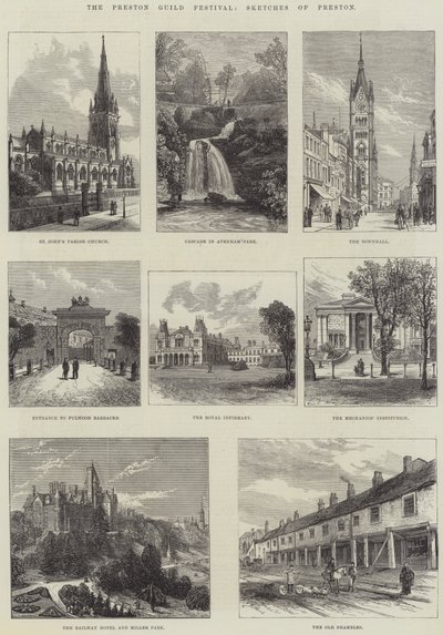 Het Preston Guild Festival, schetsen van Preston (gravure) door English School