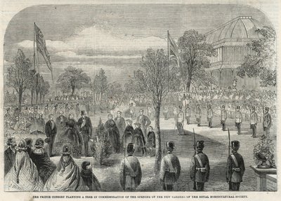 De Prins-Gemaal plant een boom ter herdenking van de opening van de nieuwe tuinen van de Royal Horticultural Society door English School