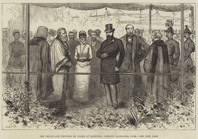 De Prins en Prinses van Wales in Hastings, opening van Alexandra Park (gravure) door English School